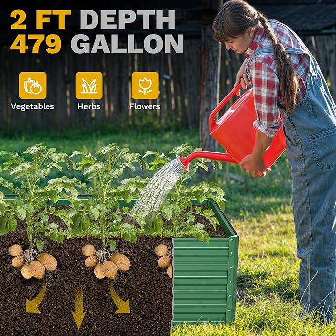 DWVO 8 x 4 x 2 FT Raised Garden Bed Kit, Outdoor Galvanized Flower Bed with Safety Rubberg and Gloves, Large Metal Planter Box for Vegetables, Flowers, Herbs, Fruits, Green