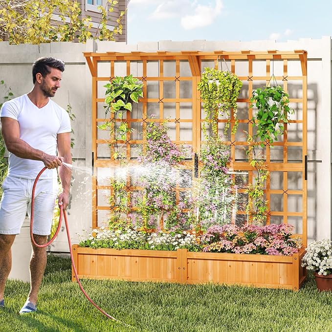 Giantex Large Raised Garden Bed with Trellis & Roof, 72" Wooden Garden Bed, High Trellis for Plant Flower Climbing Pot Hanging, Indoor & Outdoor Planter Box for Yard, Garden, Balcony