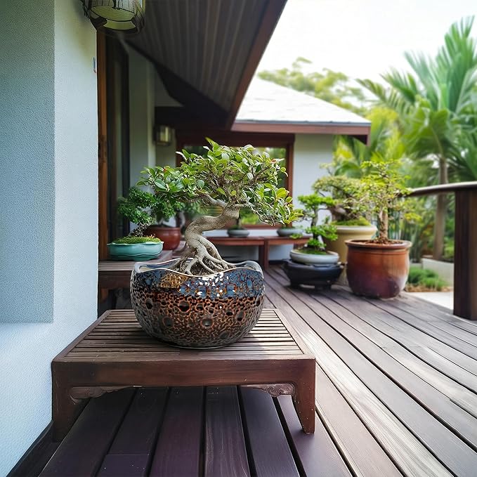 Ceramic Planter 10 Inch - Ceramic Plant Pots for Indoor Outdoor, Decorative Flower Pot with Drainage Hole and Plug, Round Unique Pots for Plants, Room Balcony Decor, Garden Gifts, Brown-blue
