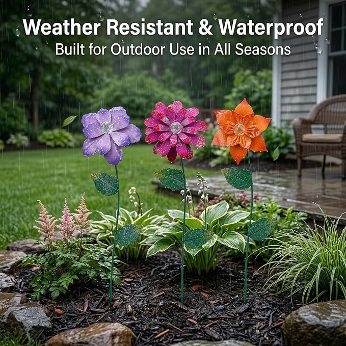 Topadorn Floral Garden Stake Glow in Dark Plant Pick Water Proof Metal Flower Stick for Outdoor Garden Decor, Set of 3
