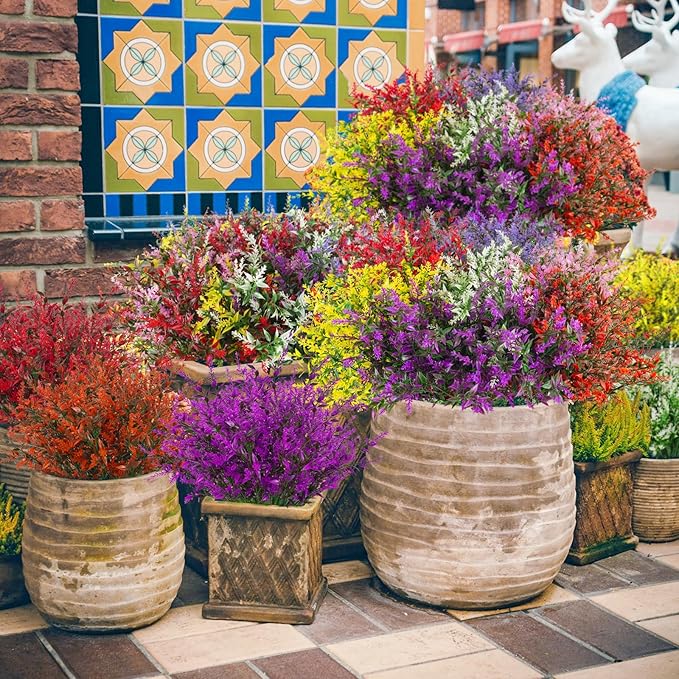 42 Bundles Artificial Plant Outdoor UV Resistant Faux Plants No Fade Fake Plastic Flowers for Outside Home Garden Porch Patio Window Box Hanging Planters Summer Decor