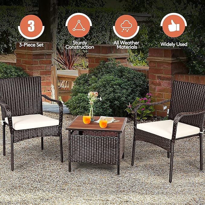HAPPYGRILL 3-Piece Patio Bistro Set with Coffee Table & Umbrella Hole, Rattan Wicker Chairs Set with Umbrella Stand Table, Soft Cushions, Outdoor Furniture Set for Balcony Porch Poolside Garden