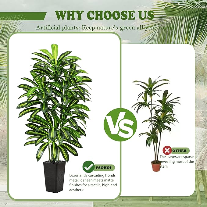 Artificial Dracaena Tree - 6FT Tall Fake Plants with Black Square Planter - Artificial Plants Indoor Floor Plant in Pot - Large Tropical Fake Yucca Potted Tree for Home Office Living Room Decor