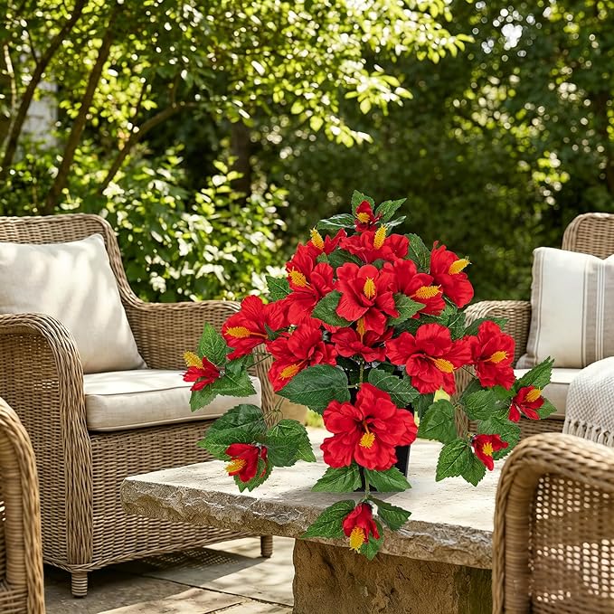 Briful Artificial Hanging Hibiscus Flowers in White Pot, Tropical Faux Hibiscus Plant with Removable Decorative Planter, Red Trailing Flower Basket for Porch Patio Balcony Indoor Outdoor Home Decor