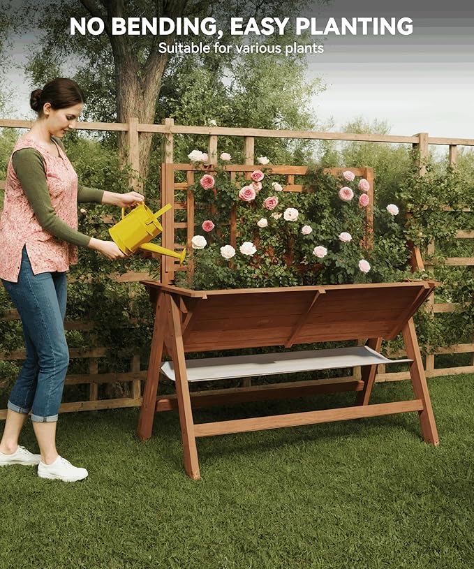 GarveeLife 52x30x54 Inch Tall Elevated Garden Bed with Legs, Standing Raised Planter Box with Climbing Trellis for Vegetables Flowers Herbs, Outdoor Wooden Standing Garden Bed-Brown