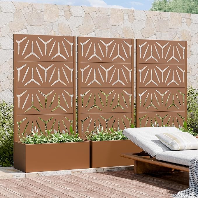 Casaphoria Metal Raised Garden Bed with Trellis, 59"x30"x12" Planter Box for Climbing Plants, Vegetables & Vines, Features Drainage Holes and Privacy Screen, Brown-Star