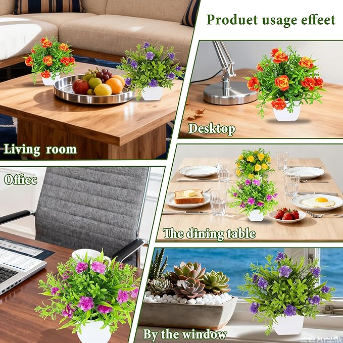 TerraVervre Fake Plants 4 Packs,Small Artificial Plants with Flowers, for Bathroom, Office,Home,Conference Table Decor, Indoor Desk Décor