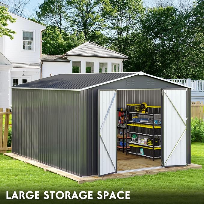 Polar Aurora 10 x 14 FT Outdoor Storage Shed, Metal Garden Shed with with Updated Frame Structure, Tool Sheds for Backyard Garden Patio Lawn, Black