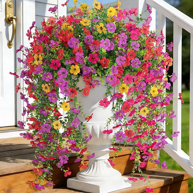 8 PCS Fake Artificial Hanging Flowers for Outdoors Decoration, Faux UV Resistant Artificial Outdoor Flowers, Fake Plants Look Real Daisy No Fade Spring Decor for Porch Home Patio Balcony and Yard