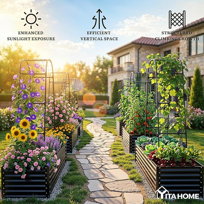 YITAHOME 6x3x2ft Galvanized Raised Garden Bed with Tall Arch Trellis, Galvanized Planter Box with Vertical Netting, Gloves, Support Rod, Outdoor Flower Bed for Plants, Vegetables, Flowers, Black