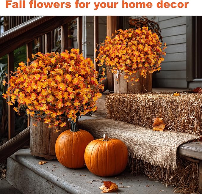 Artificial Fall Flowers Outdoor Fake Mums - 12 Bundles Fake Plants UV Resistant No Fade Faux Plastic Greenery Garden Porch Patio Fall Home Decor(RedOrangeYellow)