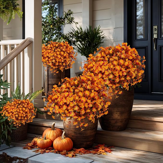 Artificial Fall Flowers Outdoor Fake Mums - 12 Bundles Fake Plants UV Resistant No Fade Faux Plastic Greenery Garden Porch Patio Fall Home Decor(RedOrangeYellow)