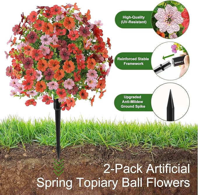 Alupssuc 2Pcs 20" Artificial Topiary Ball Flowers for Outdoors Planters, Spring Decoration with Spike, UV Resistant Faux Summer Plants, Fake Bushes Indoor Decor, Mix 4 Colors for Garden, Porch & Patio