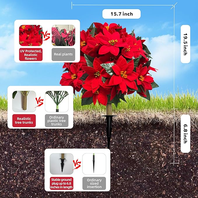 2 Pack 24.5-Inch Artificial Poinsettia Flowers with Ground Spike, Christmas Topiary Balls Trees, Faux Poinsettias Bush,Fake Poinsettia UV Realistic for Outdoor Porch Home Patio Christmas Decor