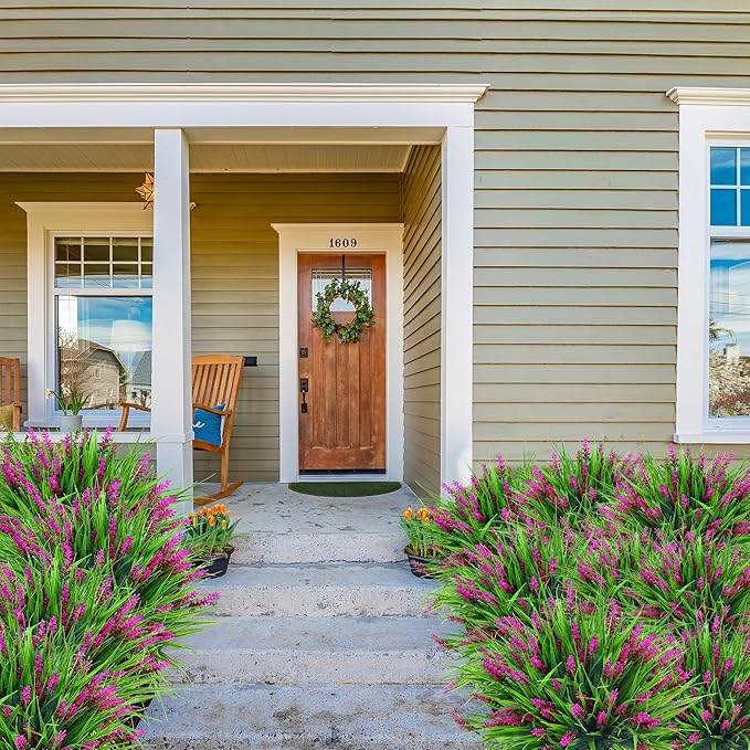 Sggvecsy 24 Bundles Artificial Plants Outdoor Faux Lavender Flowers Fake Monkey Grass UV Resistant Plastic Greenery Plants for Garden Home Porch Window Patio Hanging Planter Indoor Decor (Magenta)