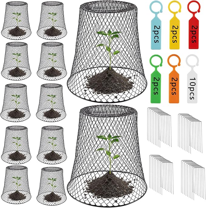 Cyrico 12 Pcs Plant Protectors from Animals, Chicken Wire Cloche Kit with Stakes and Labels, Metal Mesh Garden Cloches Keeps Out Rabbits, Squirrels and Birds for Seedlings Vegetables Flowers Outdoor