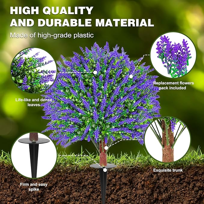 JTING' CHOISIR Set of 2 Artificial Lavender Boxwood Topiary Ball Trees with Ground Spike, 26 Inches UV Resistant Fake Evergreen Plant Bushes Shrubs for Indoor Outdoor Front Porch Garden (Lavander)