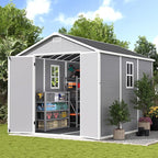 UDPATIO Storage Shed 8 x 10 FT, Resin Sheds & Outdoor Storage with Floor Large Clearance Outdoors Plastic Garden Tool Shed Tuff Outside Cottage Shed with Lockable Door for Bike, Garbage Gray White