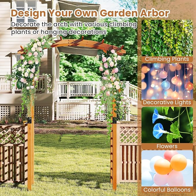 Giantex 7.5FT Wood Garden Arbor Trellis, Wooden Wedding Arch for Ceremony Party, Outdoor Archway Pergola for Climbing Plants, Pathway, Yard, Garden Decor, Easy Assembly (Honey Brown, 63''W x 90''H)