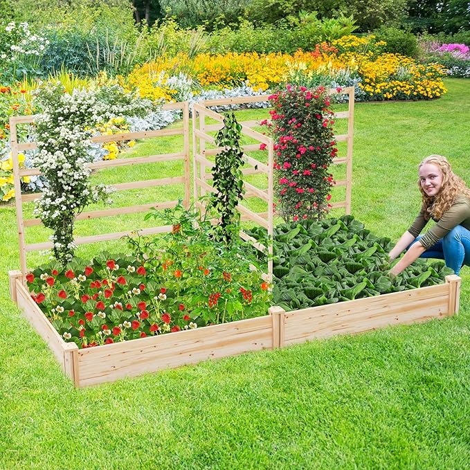 HAPPYGRILL Raised Garden Bed with 3 Trellises, Outdoor Wood Raised Bed w/ 2 Planter Boxes for Flowers, Vegetables, Fruits Climbing Vines, Elevated Garden Box for Yard Patio, 88" L x 45" W x 43" H