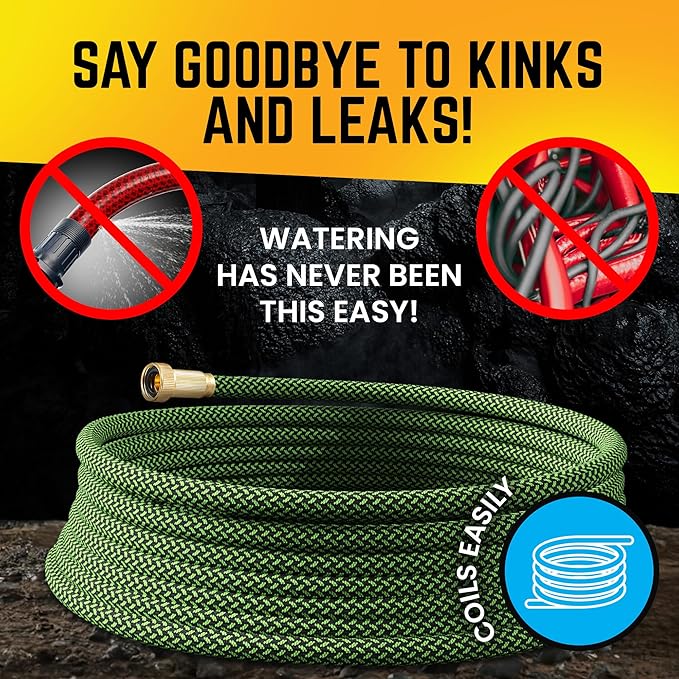 PowerFlow Garden Hose, NON-EXPANDABLE 100ft Premium Quality Stainless Steel Metal Water Hose with Durable Fabric Skin, Hose For Commercial, Residential Use, Bonus 10-way Spray Nozzle (100 Ft, Green)