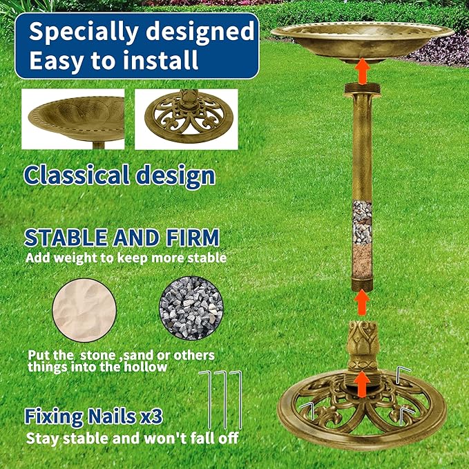 Bird Bath for Outside, Large 28 inch Tall Birdbaths for Outdoors with Solar Water Fountain, Plastic Retro Copper Bird Baths Bowl for Outdoor Garden Lawn Yard Patio Hotel Landscape Decor - Wide 20”