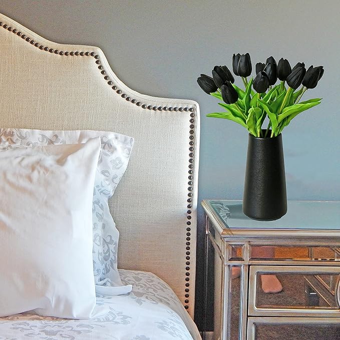Mandy's Black Artificial Tulips Flowers Centerpiece, 13.5" Lifelike PU Fake Floral Stems 20pcs for Kitchen Island & Dining Table, Spring Decor for Easter
