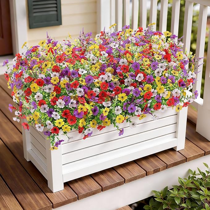 SHareconn 24 Bundles Artificial Flowers for Outdoors Decoration, Faux Plants Fake Silk Colorful Daisy Eucalyptus Lavender, UV Resistant for Outside Home Porch Indoor Spring Decor, RedPurpleYellowWhite