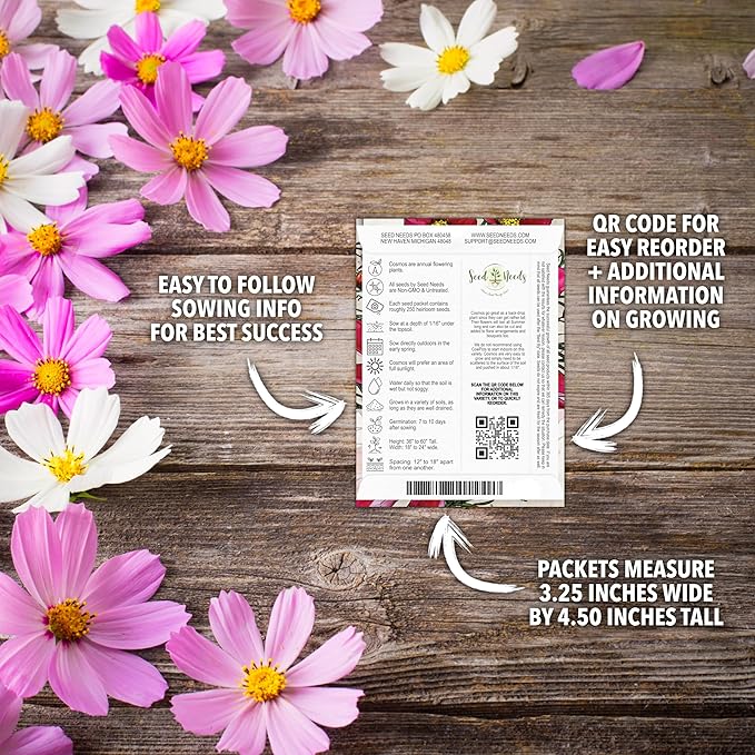 Seed Needs Cosmos Seeds for Planting a Collection of Cosmo Wildflowers - Heirloom & Open Pollinated Flower Seed to Plant Pink, White, Purple, Red & Bi-Colored Blooms for a Butterfly Garden