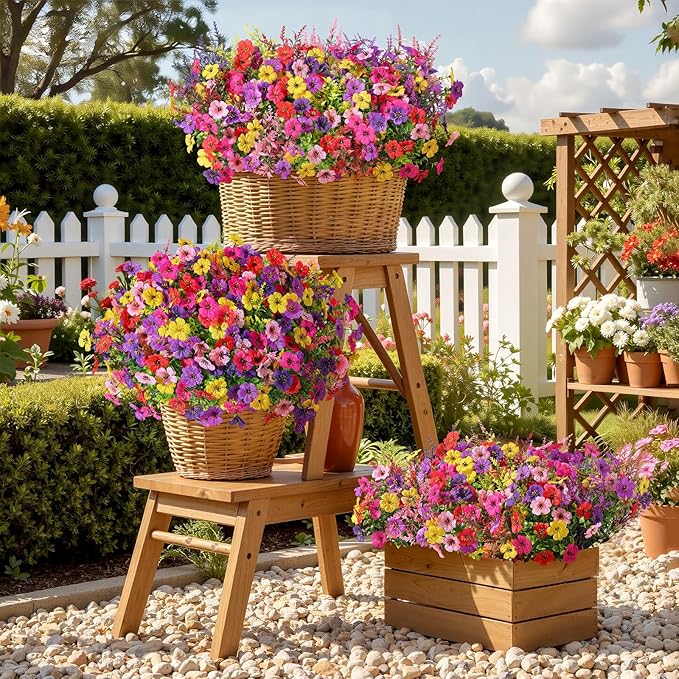 SHareconn 48 Bundles Artificial Flowers for Outdoors Decoration, Faux Plants Fake Silk Colorful Daisy Eucalyptus Lavender, UV Resistant for Outside Home Porch Indoor Spring Decor, 6 Colors incl. Red