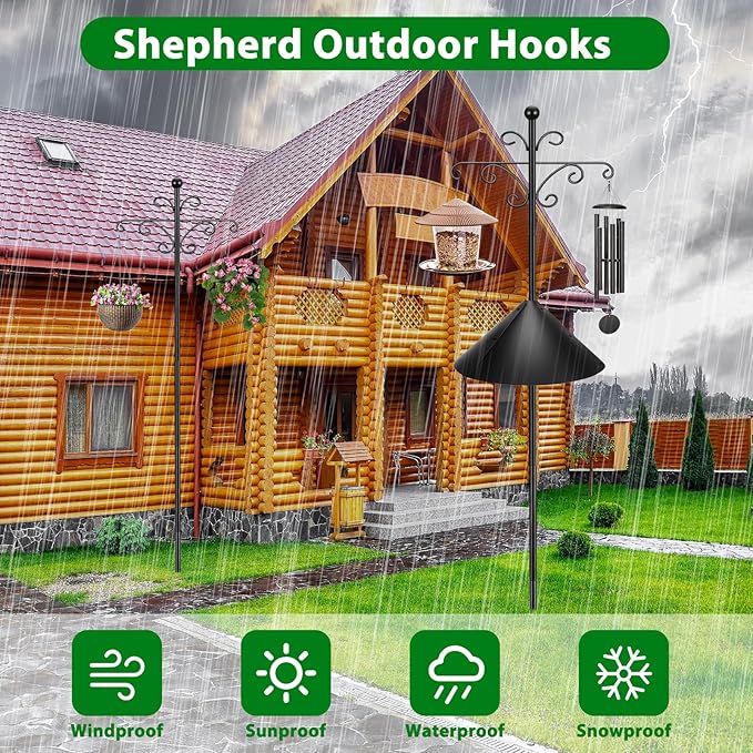 Bird Feeder Pole for Outdoors Heavy Duty Squirrel Proof, 2 Pack 108 Inch Adjustable Tall Shepherds Hooks for Outdoor with 7 Prongs Base, Double Shepherd Hooks (2 Pack Black, 108 Inch)