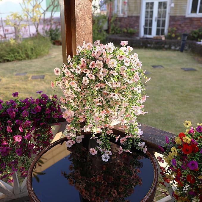Artificial Flowers for Outdoors Spring Decor, 6 Bundles UV Resistant Realistic Faux Silk Hanging Flowers, Fake Plants for Planter Indoor Outside Garden Porch Patio Balcony Yard (Pink White)