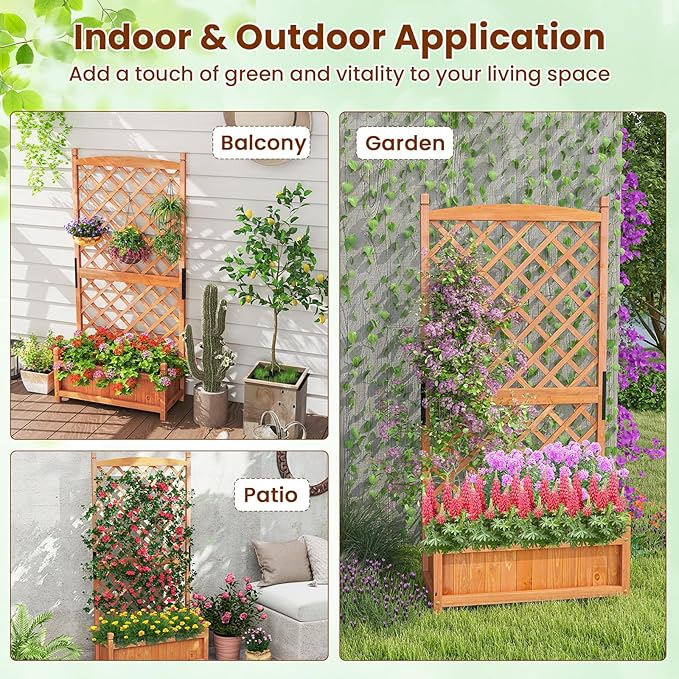 Giantex Raised Garden Bed with Trellis Set of 2, 60" Wooden Planter Container w/Drainage Holes, High Trellis for Plant Flower Climbing Pot Hanging, Indoor Outdoor Planter Box for Yard Garden Balcony