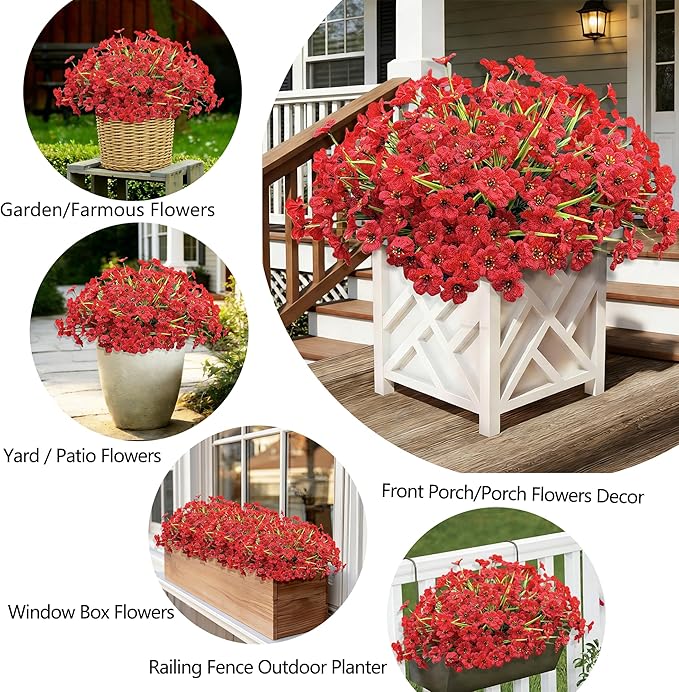 20 Bundles Artificial Flowers for Outdoors, UV Resistant Fake Flowers with Plastic Plants, Faux Silk Flowers for Planter outdoors, Fake realistic flowers For Window Box Front Porch Patio Decor-Red