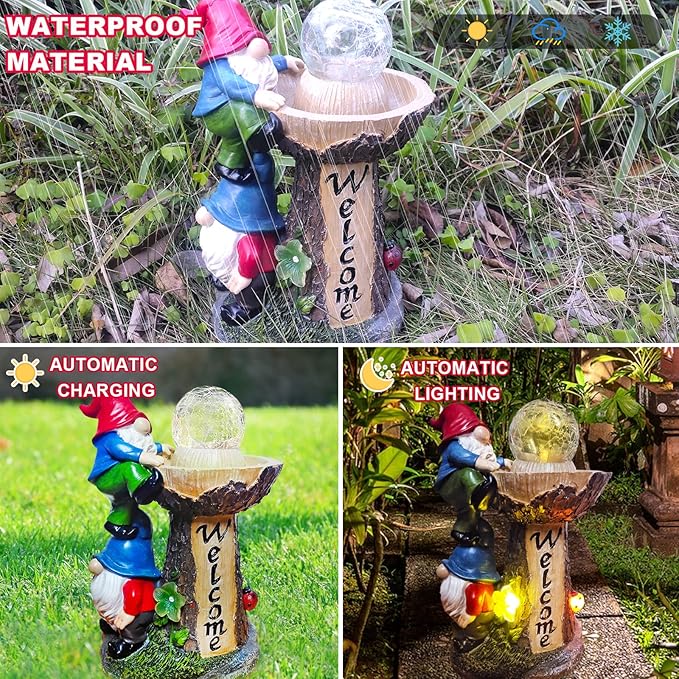 Garden Gnomes Outdoor Statue with Solar LED Lights, Solar Garden Gnomes Decorations10.4 in Funny Double Gnomes Sculptures Home Outdoor Lawn Yard Decor, Ideal Gnomes Gifts for Women/Grandma/Mom