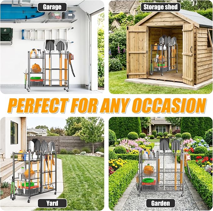 Ultrawall Garden Tool Organizer with Lockable Wheels, Yard Tool Storage Rack for Garage, Garden Tool Stand for Rake, Brooms, Indoor & Outdoor Use