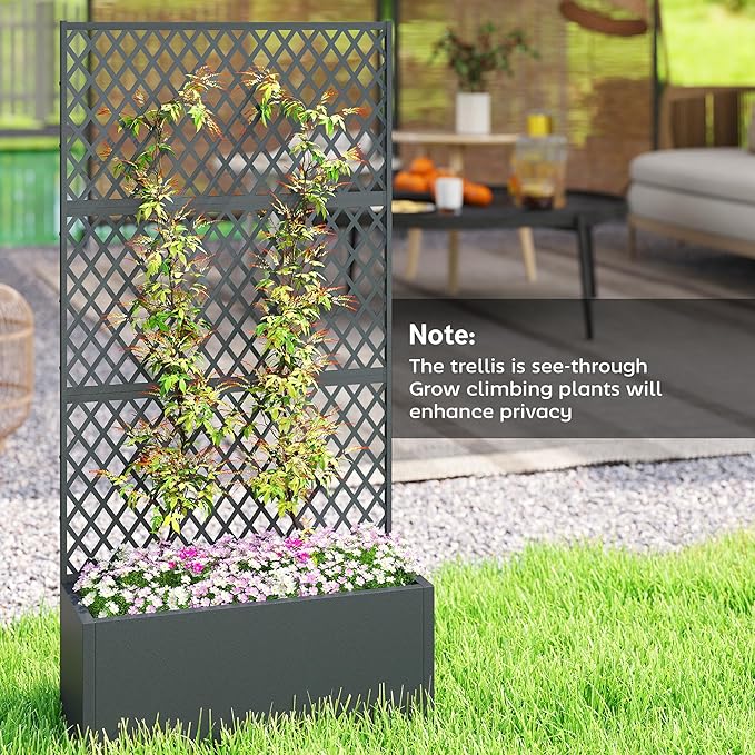Outsunny Metal Planter Box with Trellis, Raised Garden Bed with Trellis Privacy Screen and Drainage Holes for Climbing Plants, Diamond Lattice Privacy Planter for Garden, Patio, Balcony