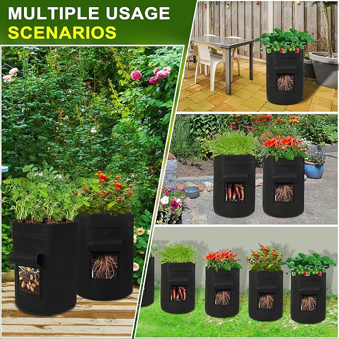 4-Pack 15-Gallon Grow Bags with 2 Flaps and Reinforced Handles,Non-Woven Potato Grow Bags, Heavy-Duty Thickened Aeration Fabric Pots for Potatoes, Tomatoes, Flowers, and Vegetables