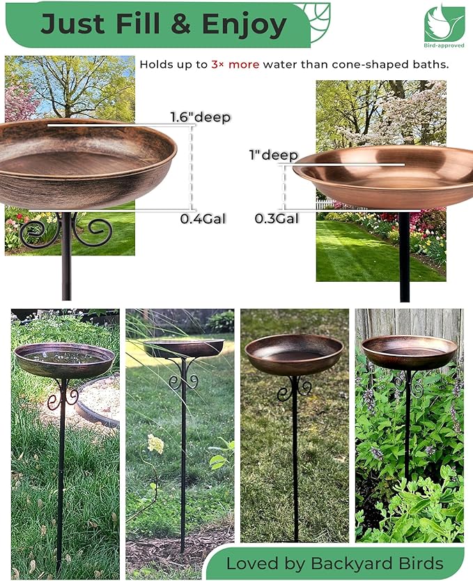 Small Metal Bird Bath for Outdoors, 10" Dia Bowl with Stake Birdbaths Garden Yard Lawn Decor 0.4 Gallon