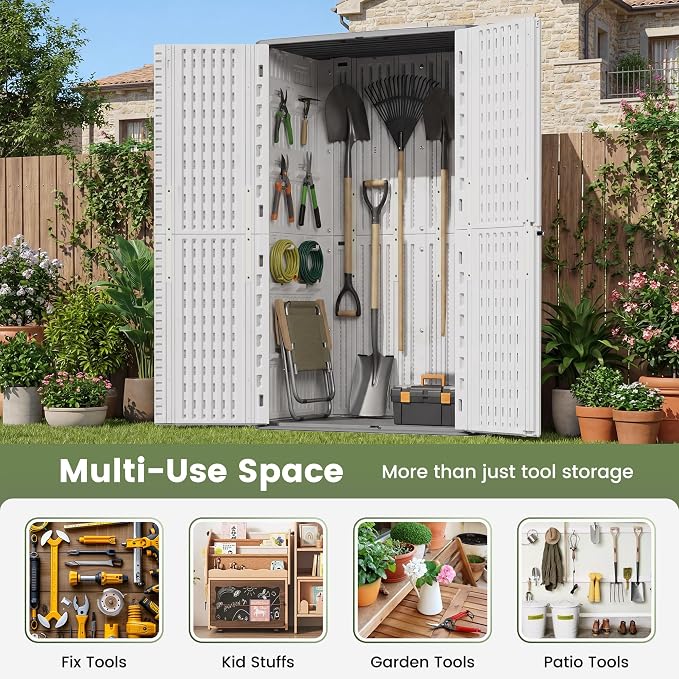 UDPATIO 67 Cu.Ft Resin Outdoor Storage Shed, Patio Plastic Vertical Sheds with Floor, Waterproof Bin Shed Horizontal Storage Cabinet for Patio, Backyards, Garden, Pool, Tool Shed