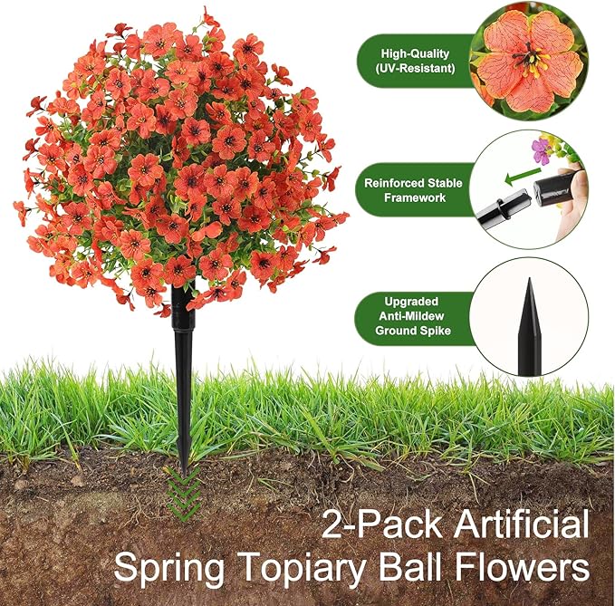Alupssuc 2Pcs 20" Artificial Topiary Ball Flowers for Outdoors Planters, Spring Decoration with Spike, UV Resistant Faux Summer Plants, Fake Bushes Indoor Decor, Orange for Garden, Porch & Patio