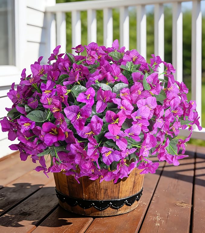 Bougainvillea Artificial Flowers for Outdoors Summer Decor, 4 Bundles Realistic Bougainvillea Fake Silk Outside Flowers UV Resistant Faux Plants for Outdoor Planters Porch Patio Window Garden, Fuchsia