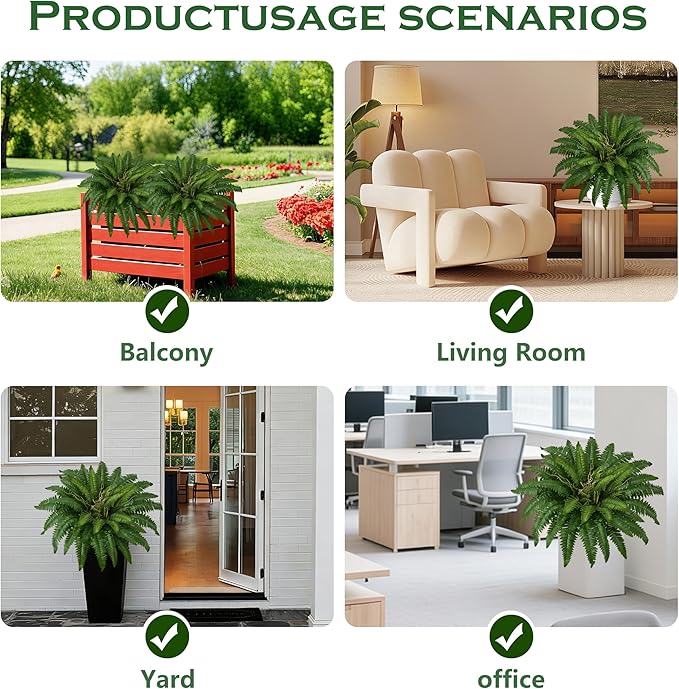 38In Artificial Boston Ferns Bush, Set of 2 Large Faux Ferns Plants, 47 Branches Fake Ferns for Home Living Room Decor, Indoor and Outdoor