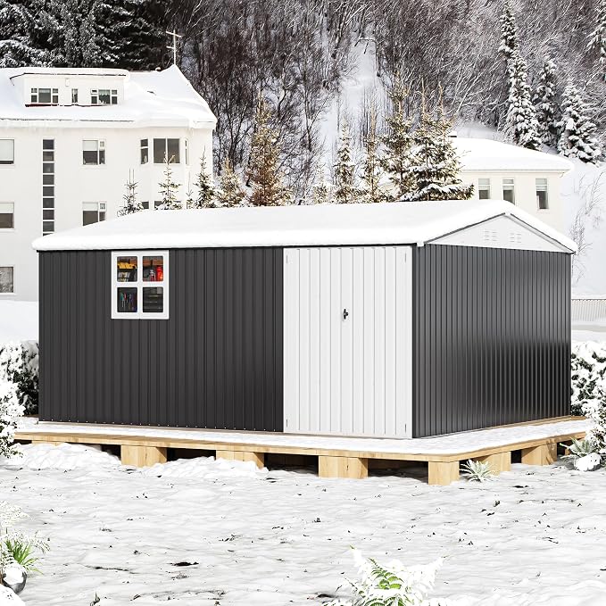 Polar Aurora 12X14 FT Metal Outdoor Storage Sheds with Window, Heavy-Duty Galvanized Steel Garden Shed with Lockable Doors and 4 Vents, Large Weatherproof Tool Shed Kit for Backyard Patio, Black