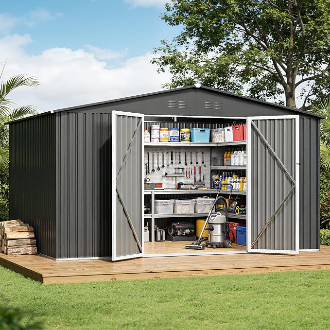 12 x 10FT Dark Grey Outdoor Storage Shed, Metal Waterproof Shed Garden Tool Shed with Door and Lock Outdoor Storage,All-Weather Shelter for Bike, Gardening Tools, Lawn Mowers