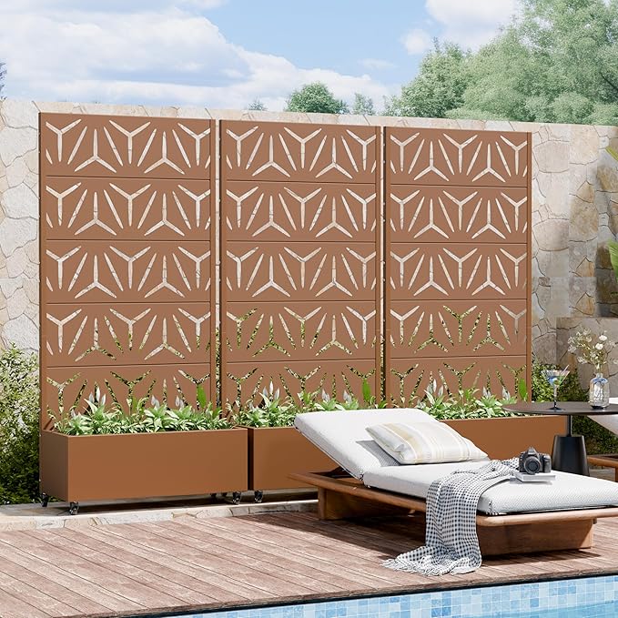 Casaphoria Metal Raised Garden Bed with Trellis and Wheels, 72"x35"x16" Planter Box for Climbing Plants, Vegetables & Vines, Features Drainage Holes and Privacy Screen, Brown-Star