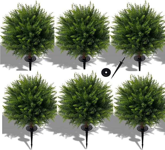 24.5 Inch (H) Artificial Cedar Topiary Ball Trees, Set of 6 Fake Shrub Bushes with Ground Spike, UV Resistant Faux Cypress Greenery Decor for Outdoor Garden, Patio, Front Porch, and Indoor Use