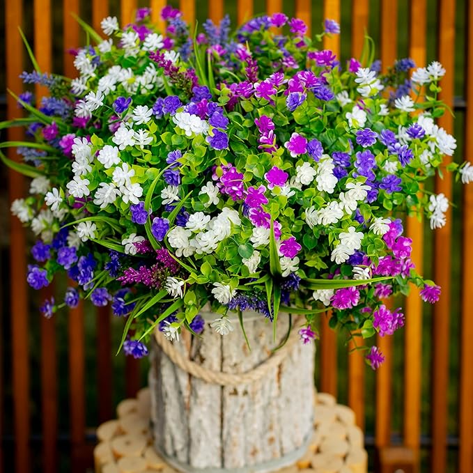 Artificial Flowers for Outdoors Fake Plants - 12 Bundles Faux Outside Greenery Boxwood No Fade Plastic Shrubs Home Decor Farmhouse Garden (Mixed, 3 Colors Magenta Purple White)