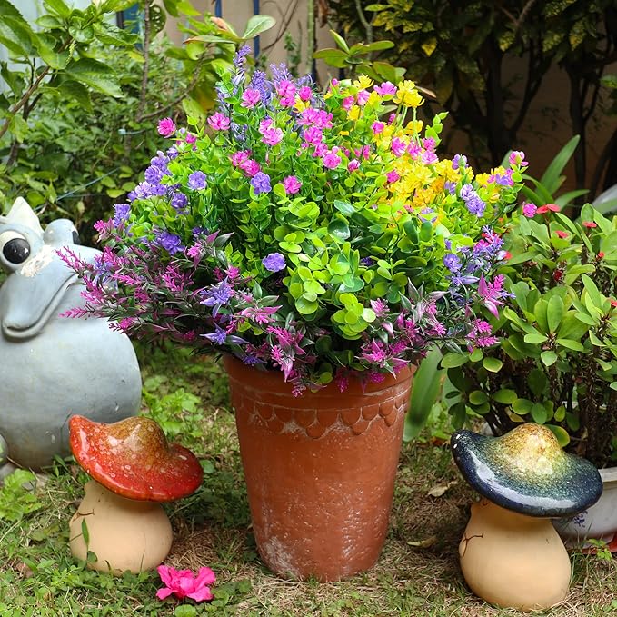 12 Bundles Artificial Fake Flowers Outdoor, 6 Styles UV Resistant No Fade Faux Plastic Greenery Shrubs Plants for Hanging Garden Porch Window Box Farmhouse Outside Decoration
