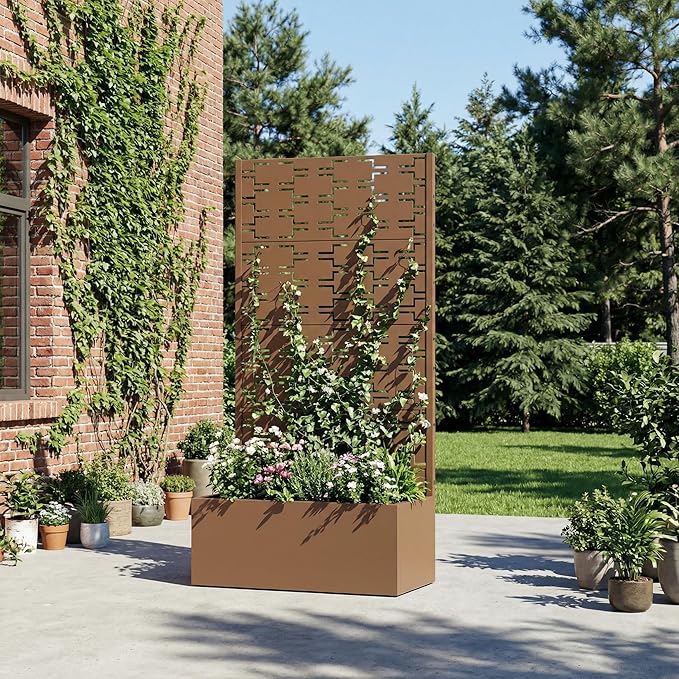 Casaphoria Metal Raised Garden Bed with Trellis, 59"x30"x12" Planter Box for Climbing Plants, Vegetables & Vines, Features Drainage Holes and Privacy Screen, Brown-Brick